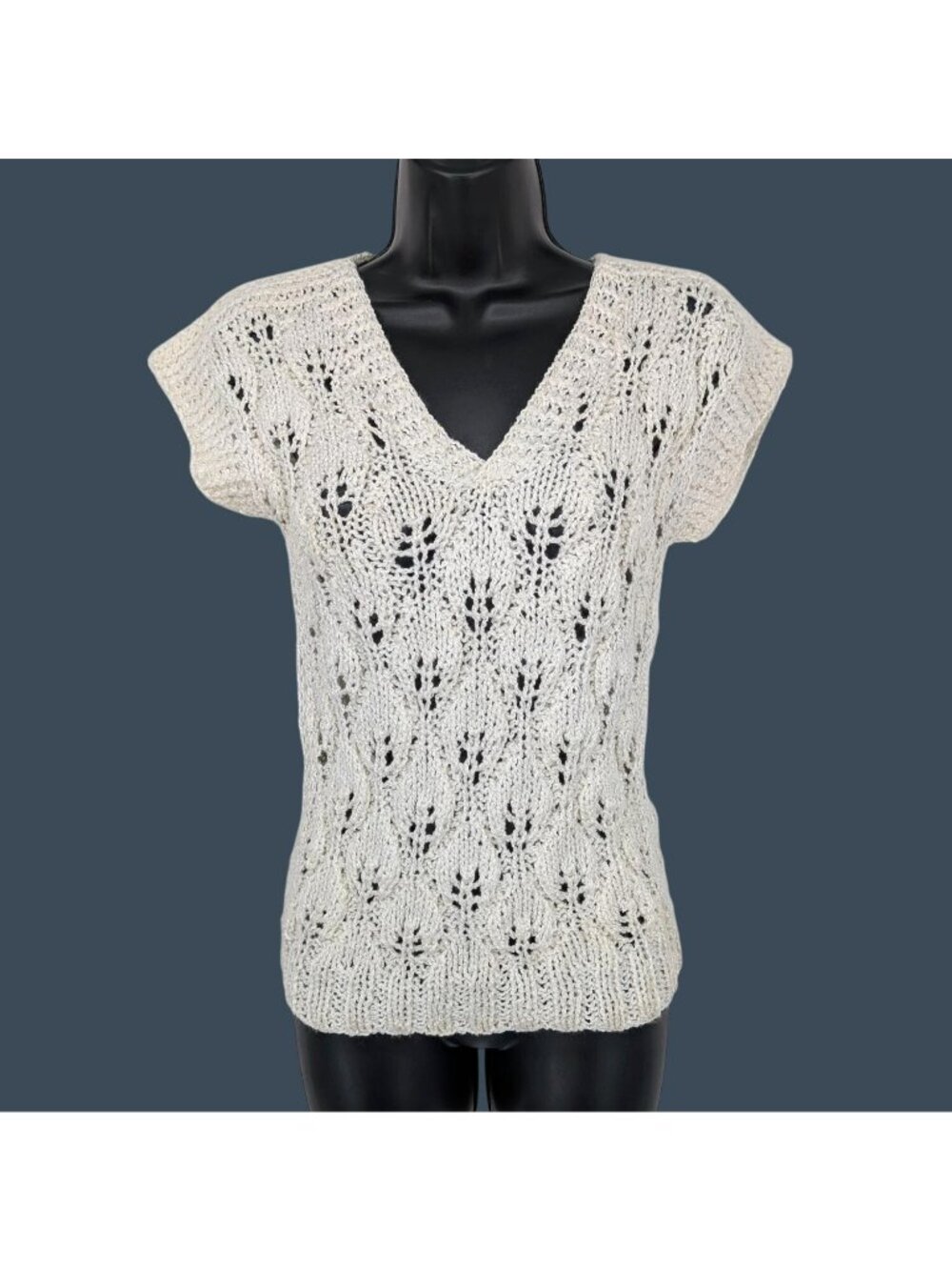 Vtg 90s Chunky Lace Knit Sweater Cottage Boho Romantic Cap Sleeve Coastal Medium